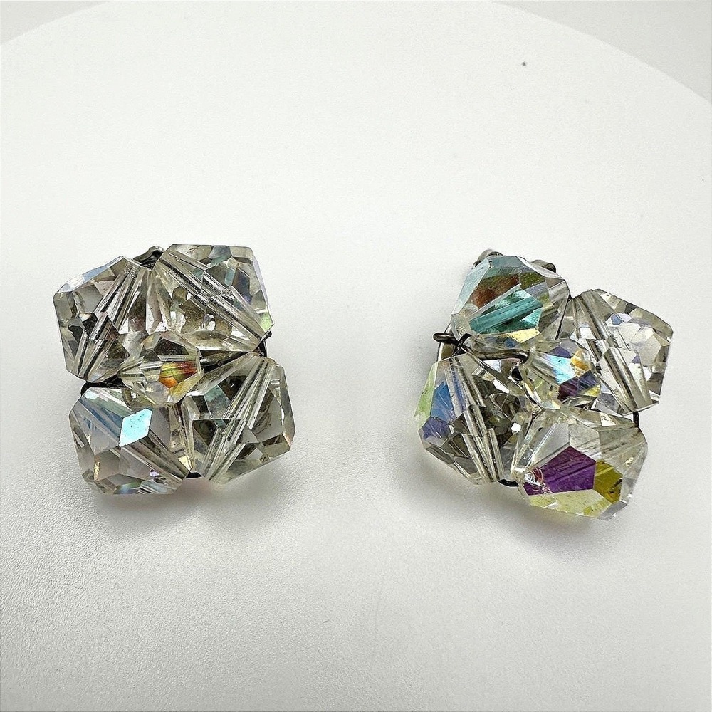 Vintage 50s 60s Aurora Borealis Glass Earrings Iridescent Boho Women's Jewelry